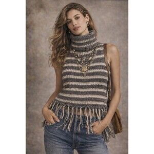 Free People Fringe Turtleneck Sweater Tank XS Chunky Knit Gray Cream Striped